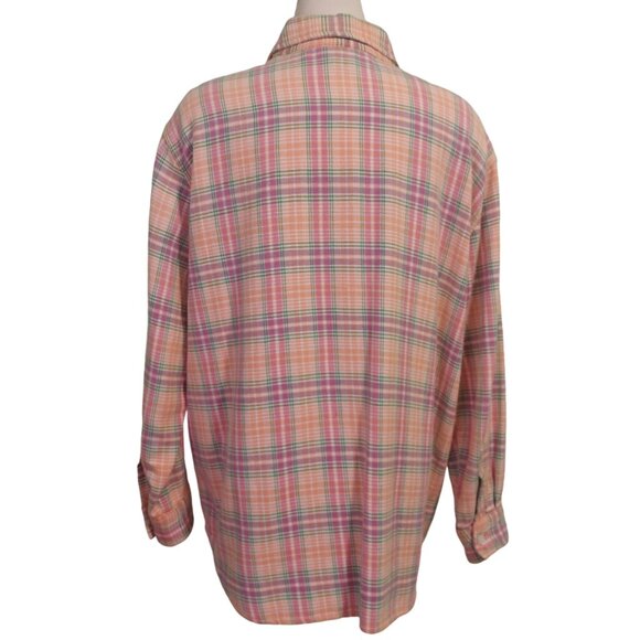 NY & Co Womens Plaid Button-Down Shirt Large 100% Cotton Peach/Pink/Green - Picture 3 of 12